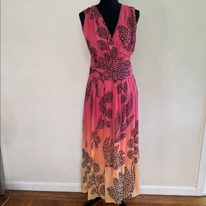 Elegant Pink and Orange Maxi Dress with Black Pattern
